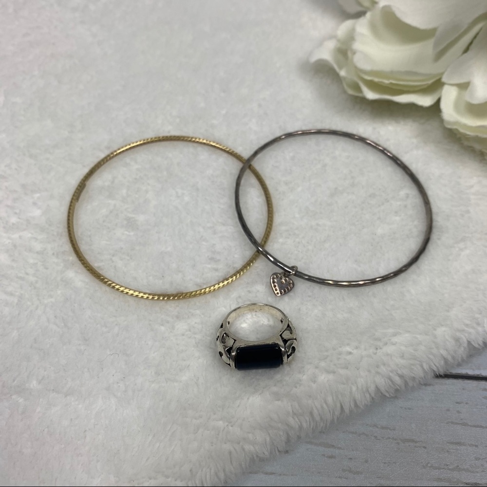 2 Thin Bangles and Black Stone Ring Jewelry Bundle
